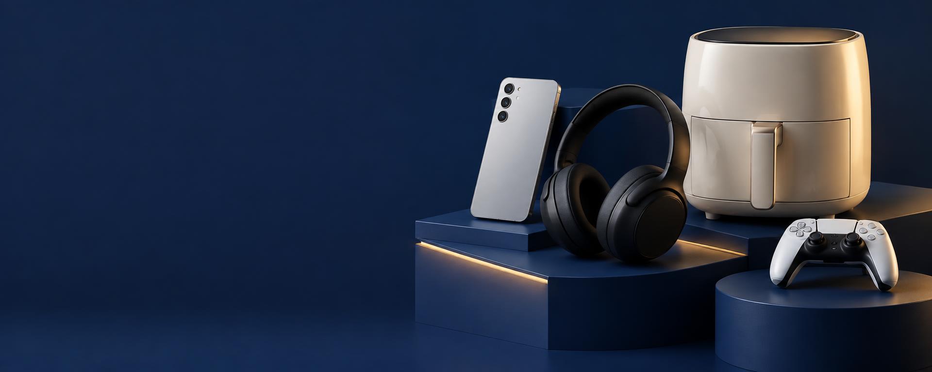 Seleção de smartphone, fone, air fryer e controle